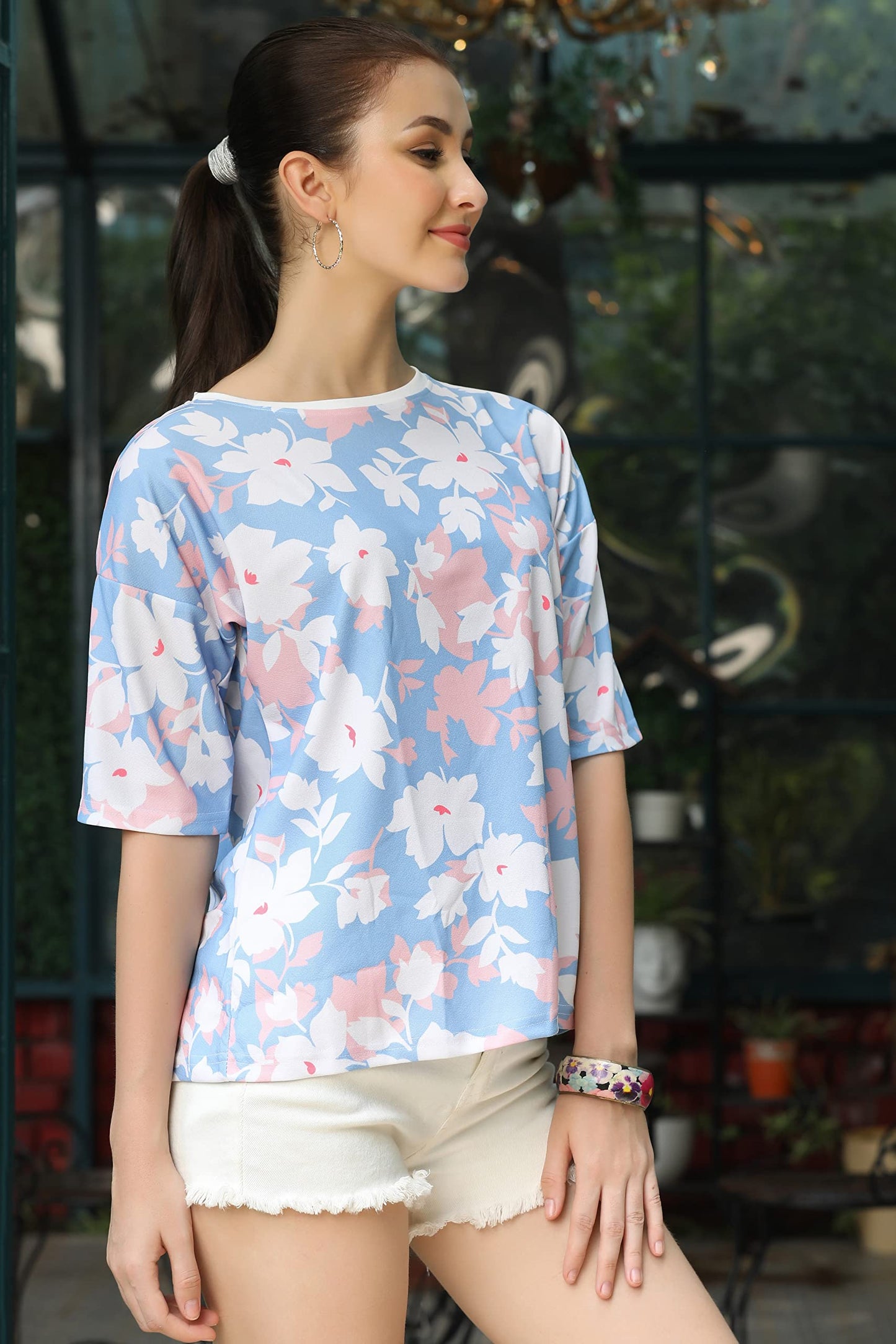 OM SAI LATEST CREATION Womens Lycra Casual Flower Printed Half Sleeve Western Top for Women/Girls Night wear Top (X-Small, Pink