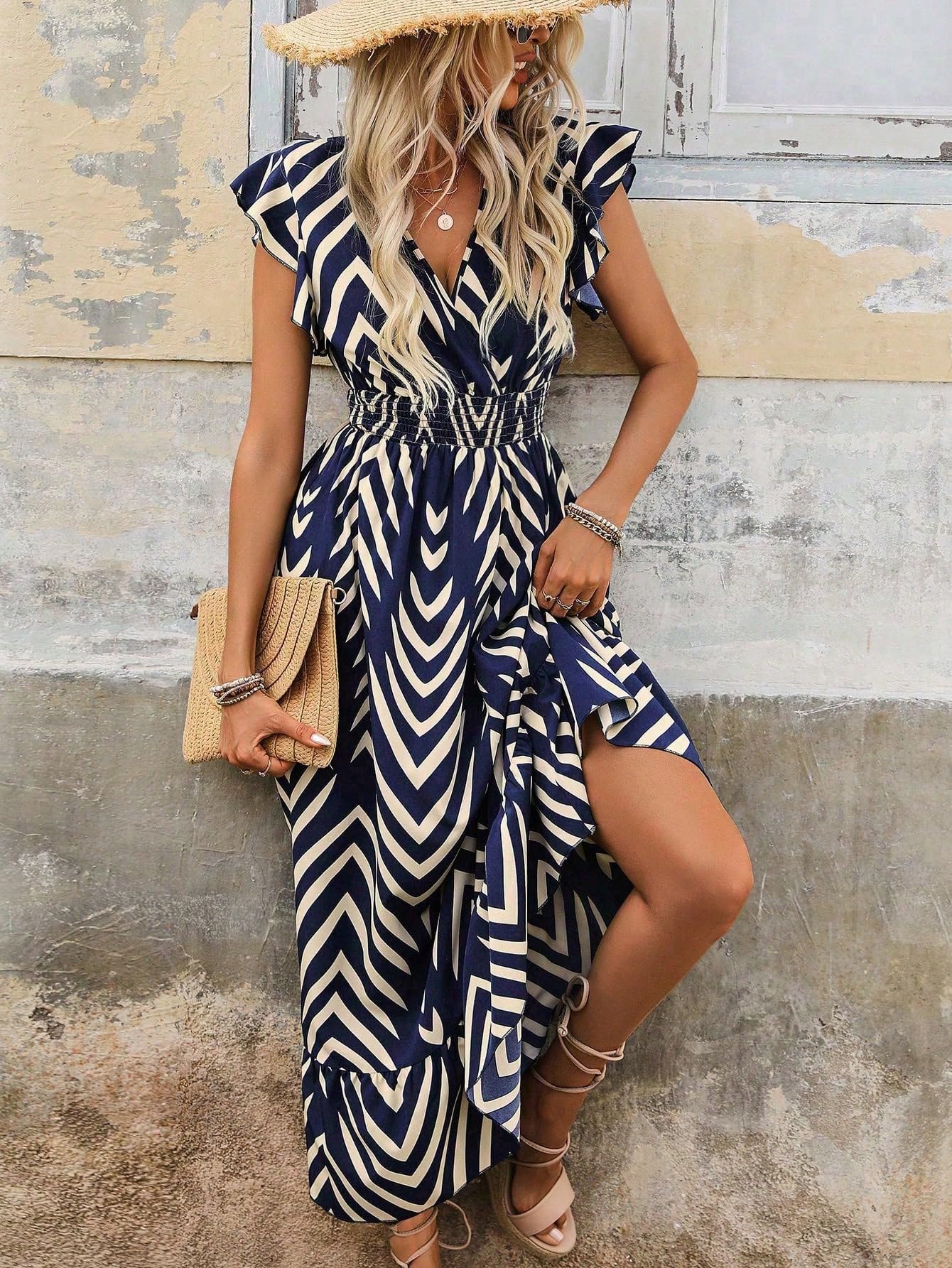 Shasmi WomenS & GirlS Navy Blue V-Neck Striped Printed Dress With Ruffled Hem And Belted Waist For Vacation, One Piece Dress F