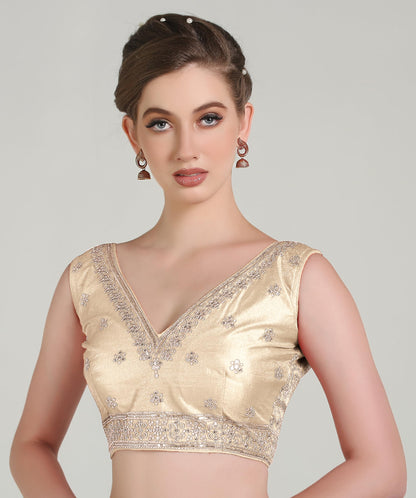 Pujia Mills WomenS Indian Ethnic Wear Designer Golden Zari Embroidery With Sequence Work V Neck Sleeveless Readymadeback Side W