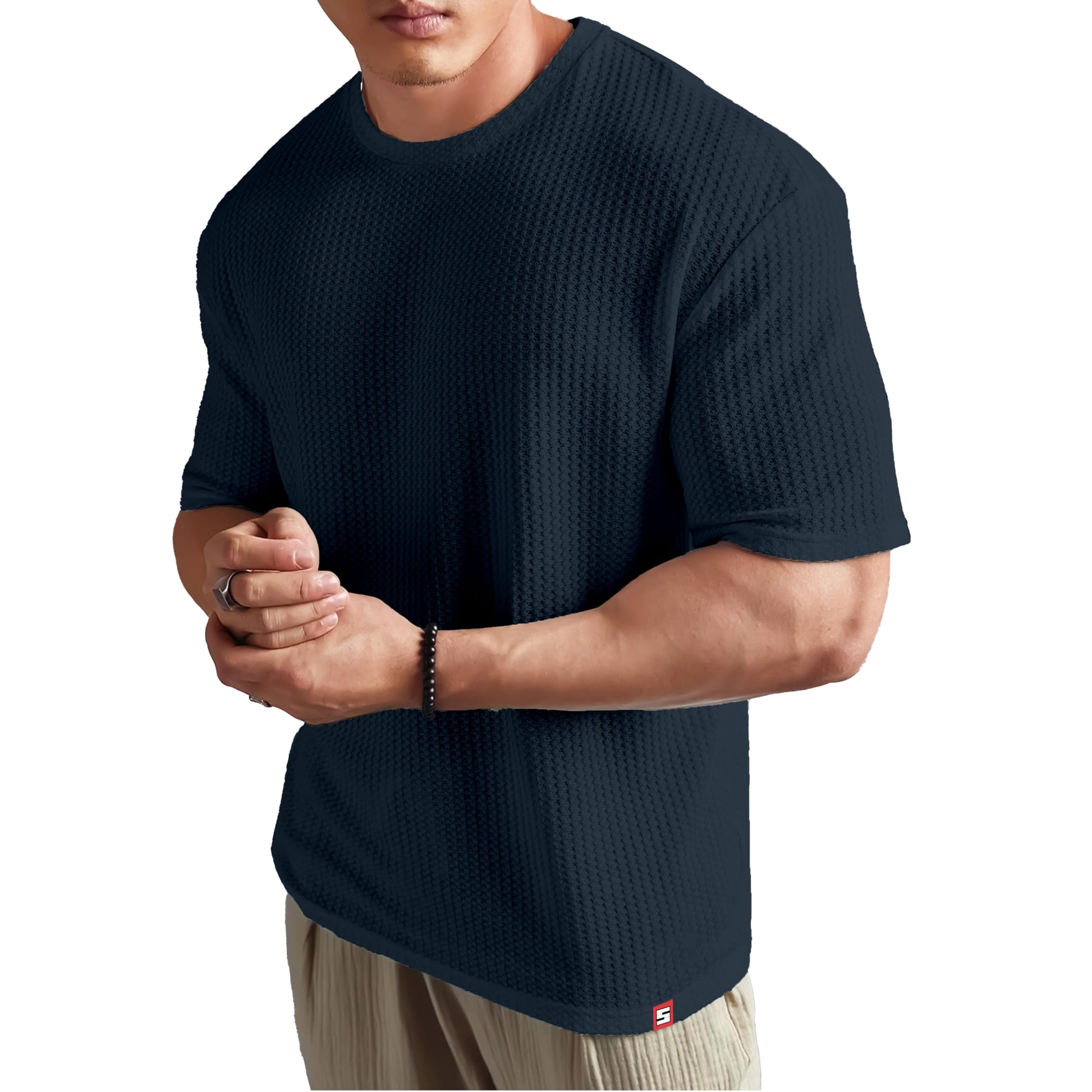 SHODOX Mens Solid Dotted Unique Design Oversized Tshirt for Men - Round Neck Loose Fit Drop Shoulder Mens T-Shirt Navy