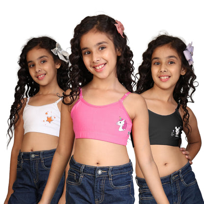 Kyda Kids Girls Antibacterial Cotton Printed Non Padded, Beginners Bra For Girls (Pack Of 3)