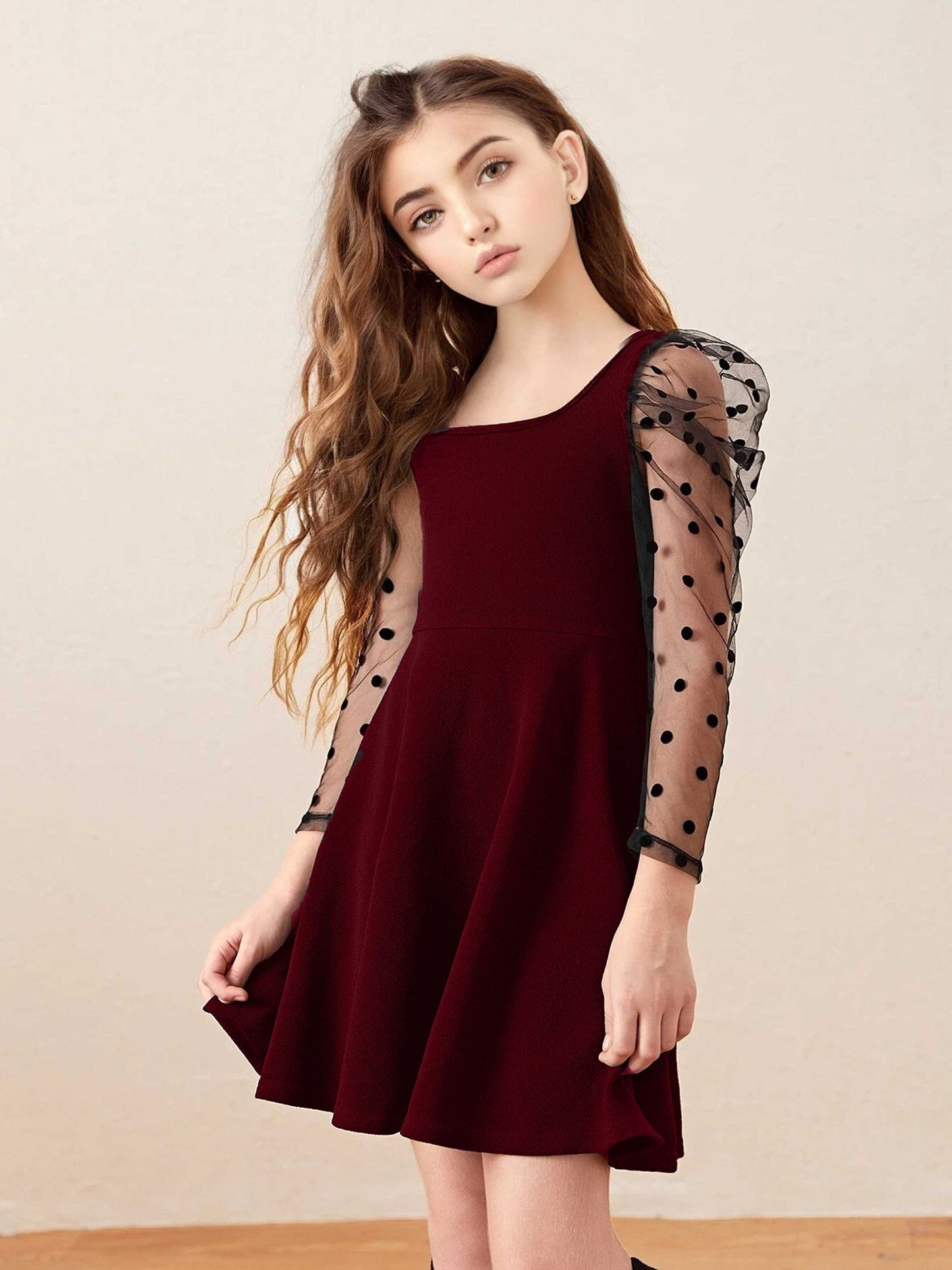 Kuduzo GirlS Cotton Blend Midi Dress With Long Net Sleeves Round Neck Solid Pattern Above Knee Length Regular Fit And Flare Mar