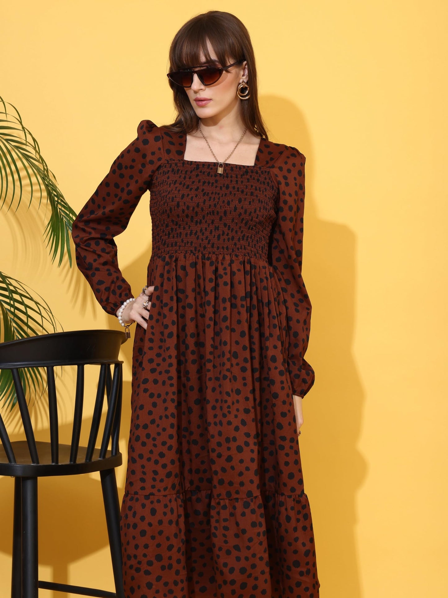 Sheetal Associates WomenS Crepe Fabric Frock Dress With Long Puff Sleeves Collared Neck Printed Pattern And Calf Length Pull On
