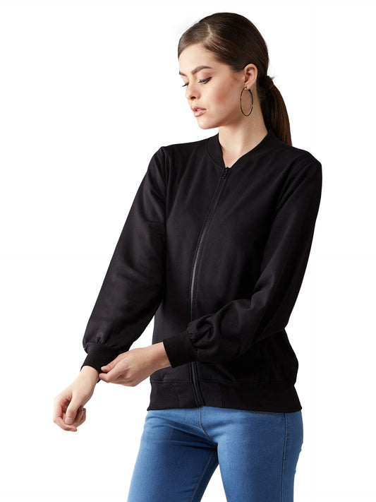 Dolce Crudo Womens Black Collared Full sleeves Solid Bomber Ribbed Regular length Jacket( DOAW19JKT02-80-62-06_Black_XL)
