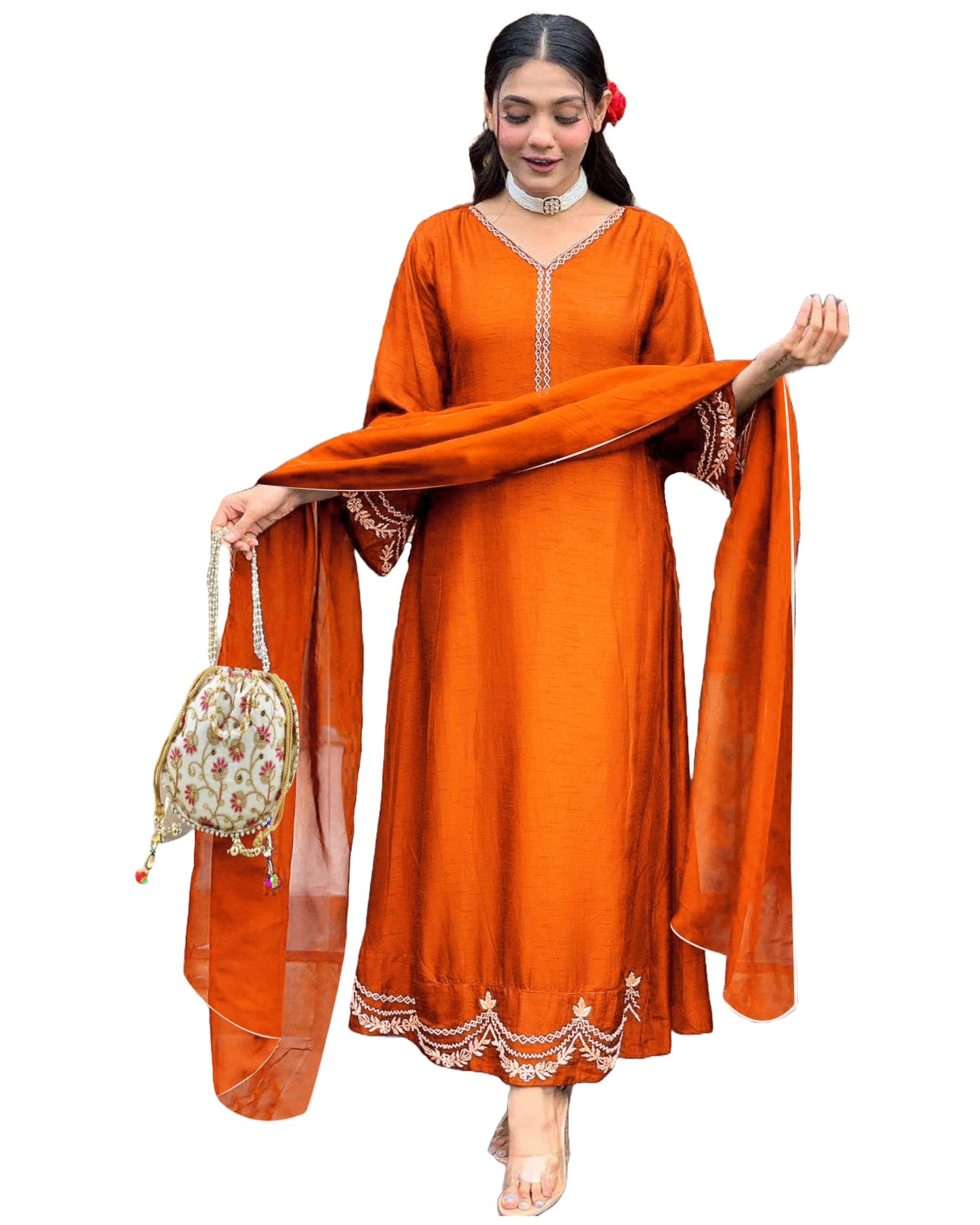 ANNI DESIGNER Anarkali Women s Embroidered Viscose Kurta with Trousers and Dupatta, Orange, XL