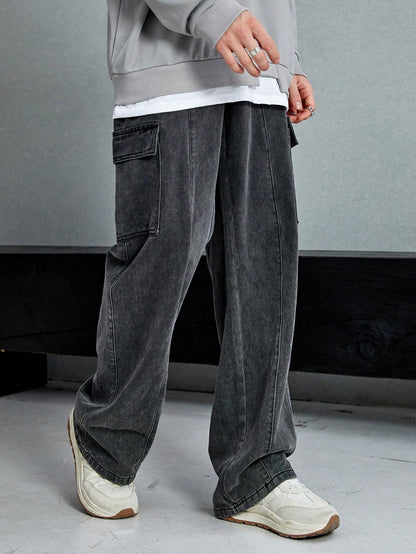 KOTTY Mens Mid Rise Solid Cargo Jeans Rich Black