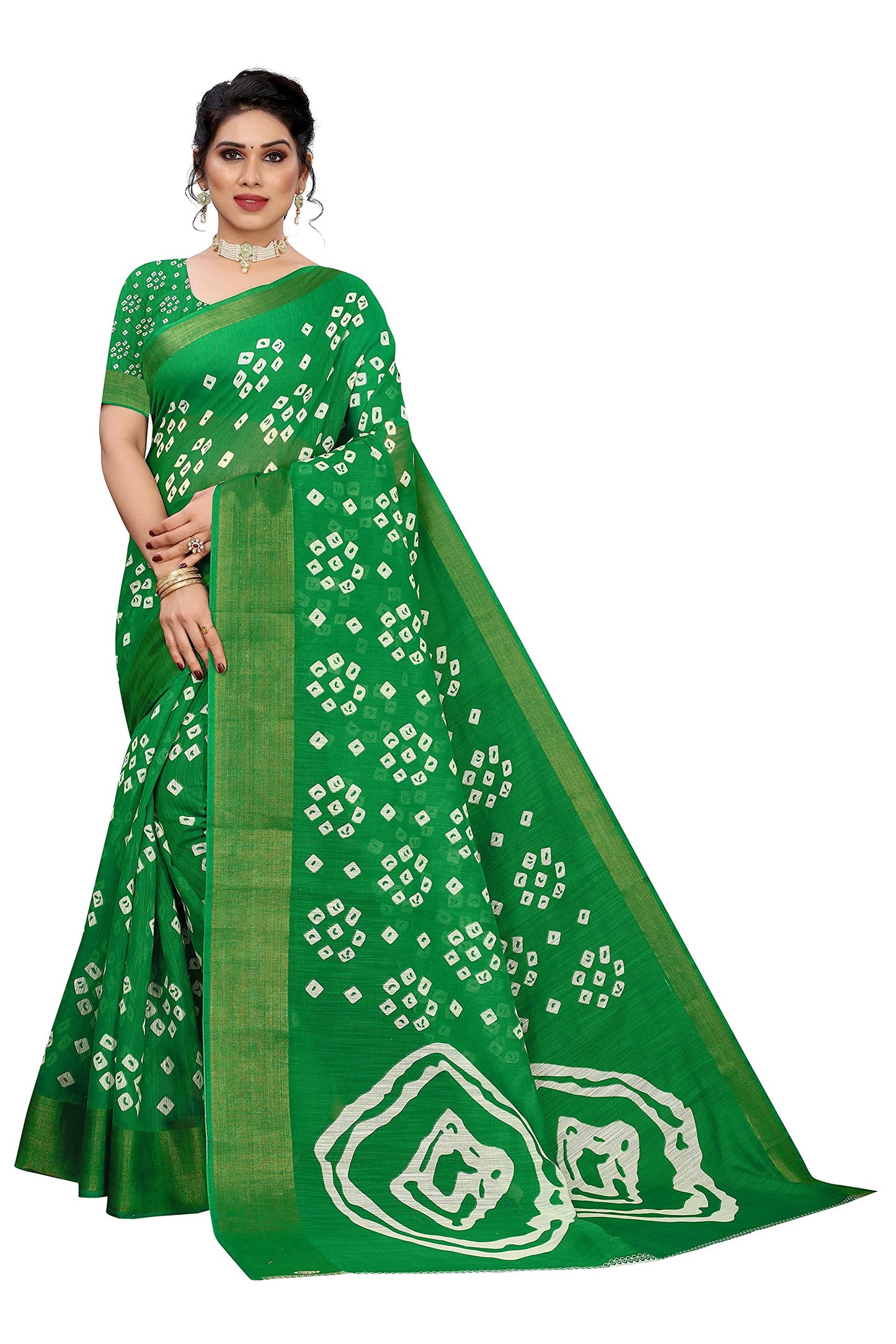 ANNI DESIGNER Womens Linen Cotton Geometric Printed Saree with Blouse Piece (FARHA GREEN_Green)