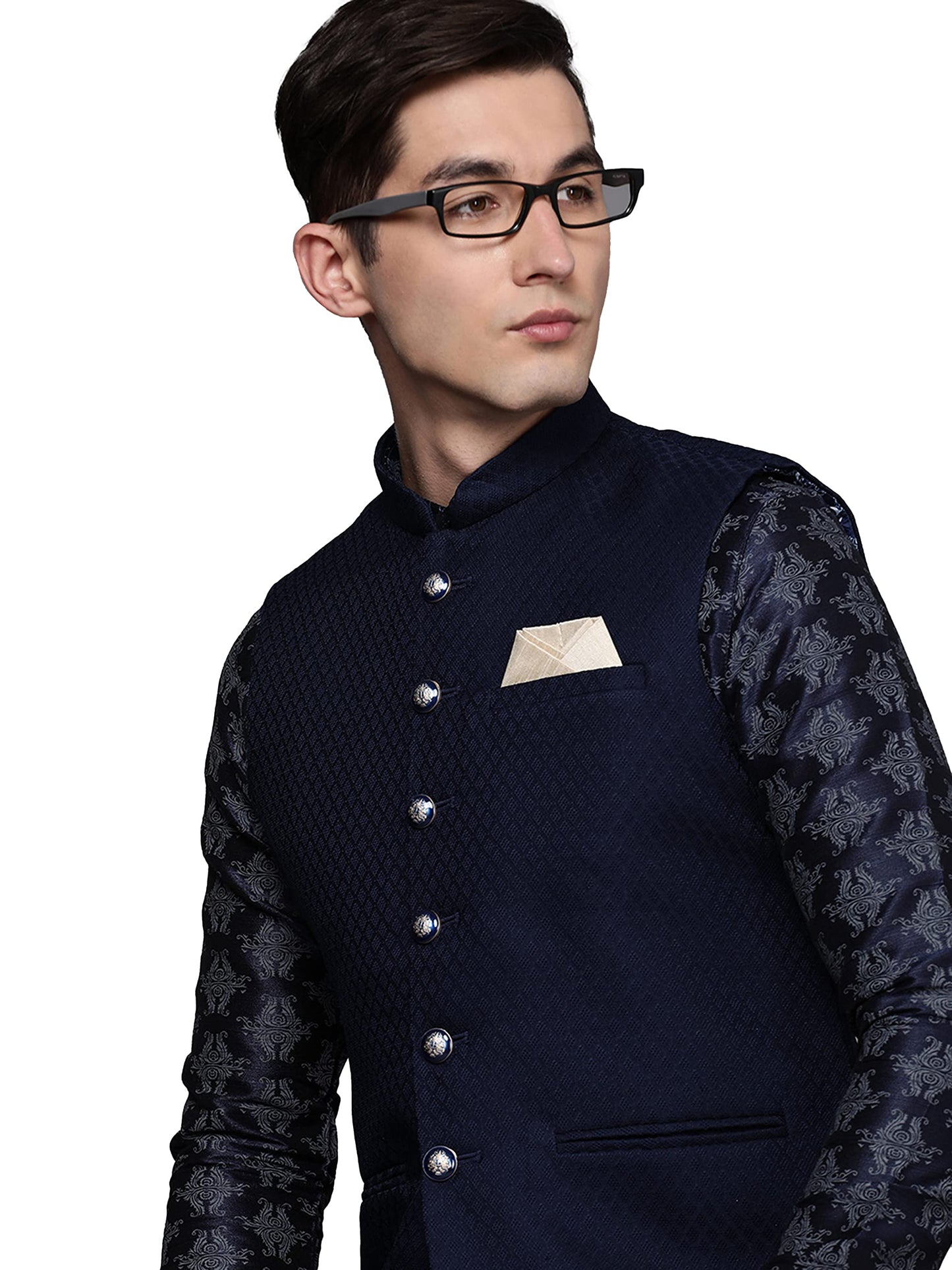 Manyavar Mens Jacket, Nehru Jacket for Men, Ethnic Jacket for Festival, Wedding, Party, Sleevless Jacket Blended Viscose (Blue,
