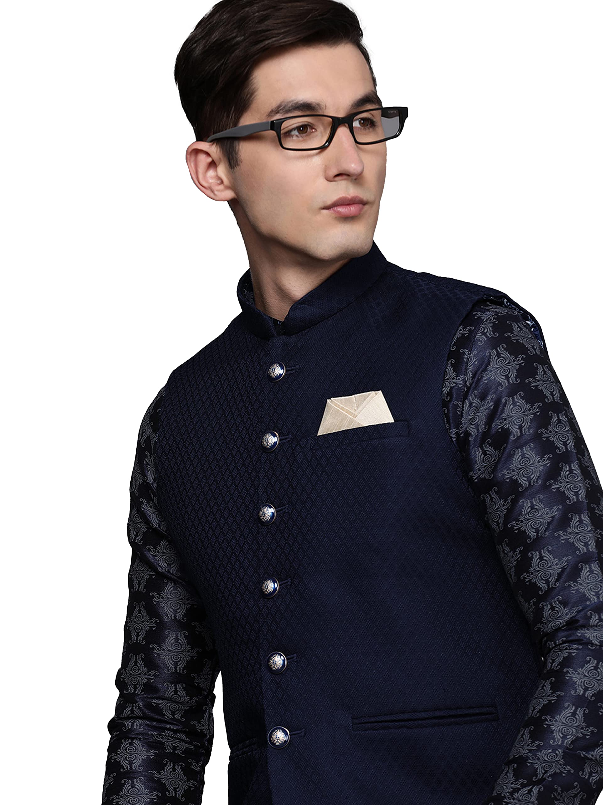 Manyavar Mens Jacket, Nehru Jacket for Men, Ethnic Jacket for Festival, Wedding, Party, Sleevless Jacket Blended Viscose (Blue,