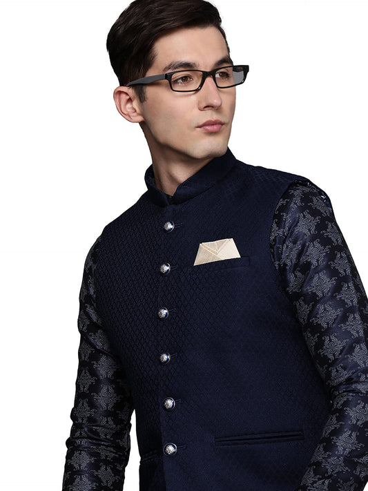 Manyavar Mens Jacket, Nehru Jacket for Men, Ethnic Jacket for Festival, Wedding, Party, Sleevless Jacket Blended Viscose (Blue,