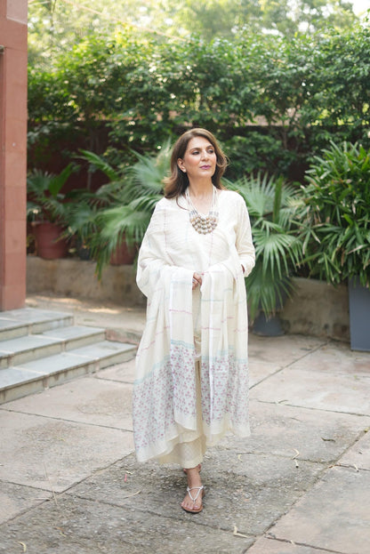 ANNI DESIGNER Women's Straight Printed Kurta with Trousers & Dupatta, XXL, White, Model: MIRAI WHITE