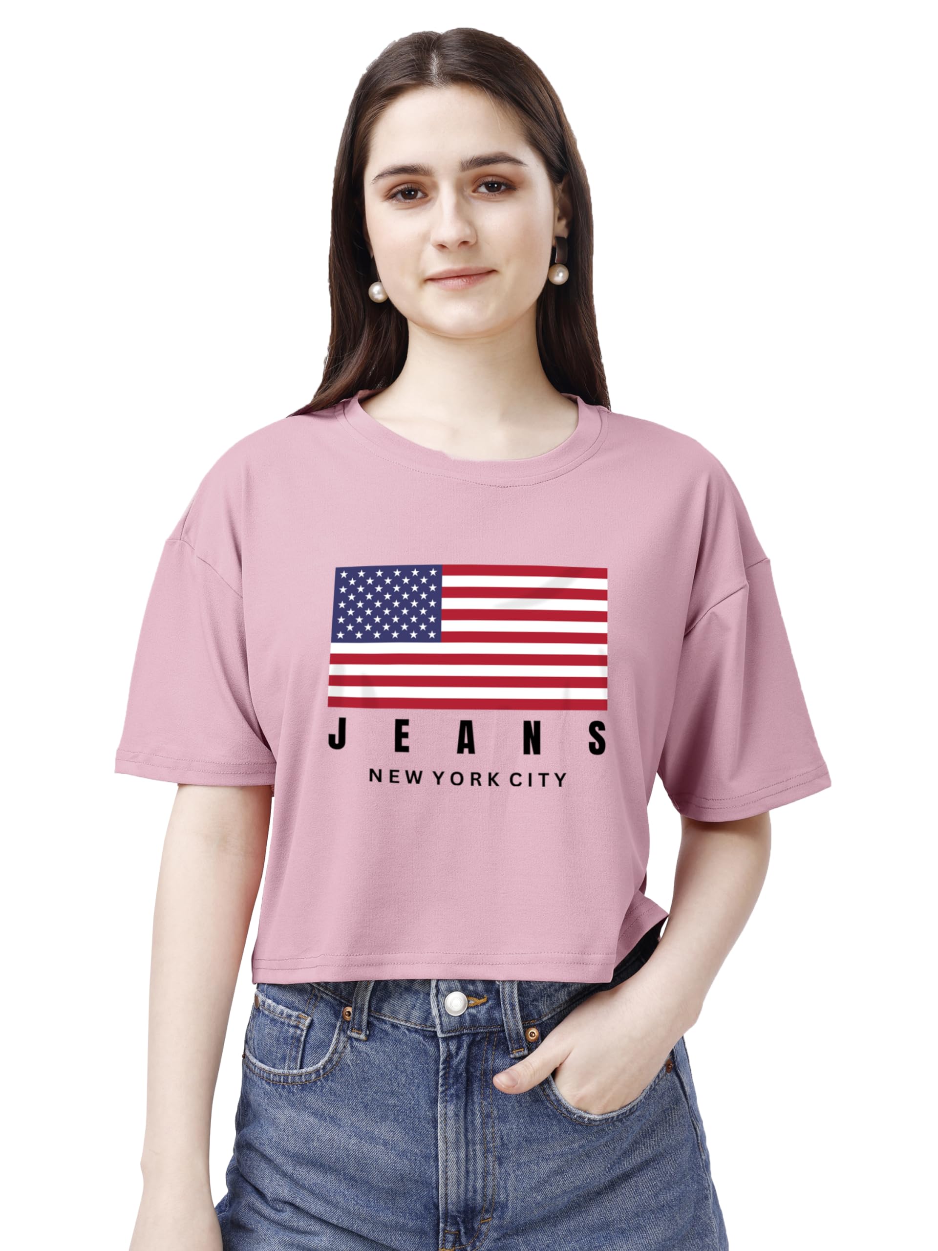 ELLITI Soft Rich Cotton Rose Gold Half Sleeve | Round Neck | Oversized/Loose Fit | Down Solder | US Flage Print Crop Top for Wom