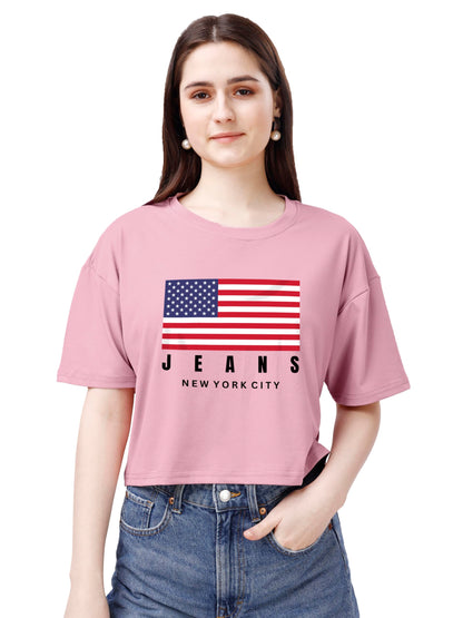 ELLITI Soft Rich Cotton Rose Gold Half Sleeve | Round Neck | Oversized/Loose Fit | Down Solder | US Flage Print Crop Top for Wom
