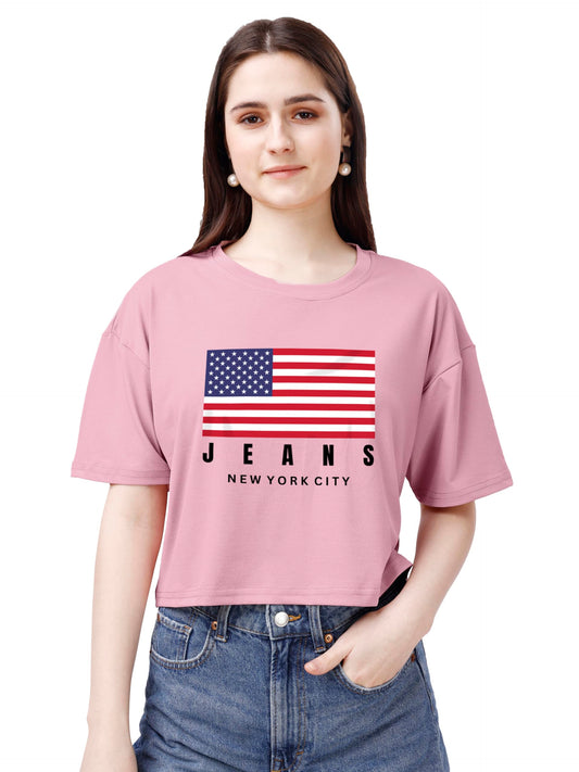 ELLITI Soft Rich Cotton Rose Gold Half Sleeve | Round Neck | Oversized/Loose Fit | Down Solder | US Flage Print Crop Top for Wom