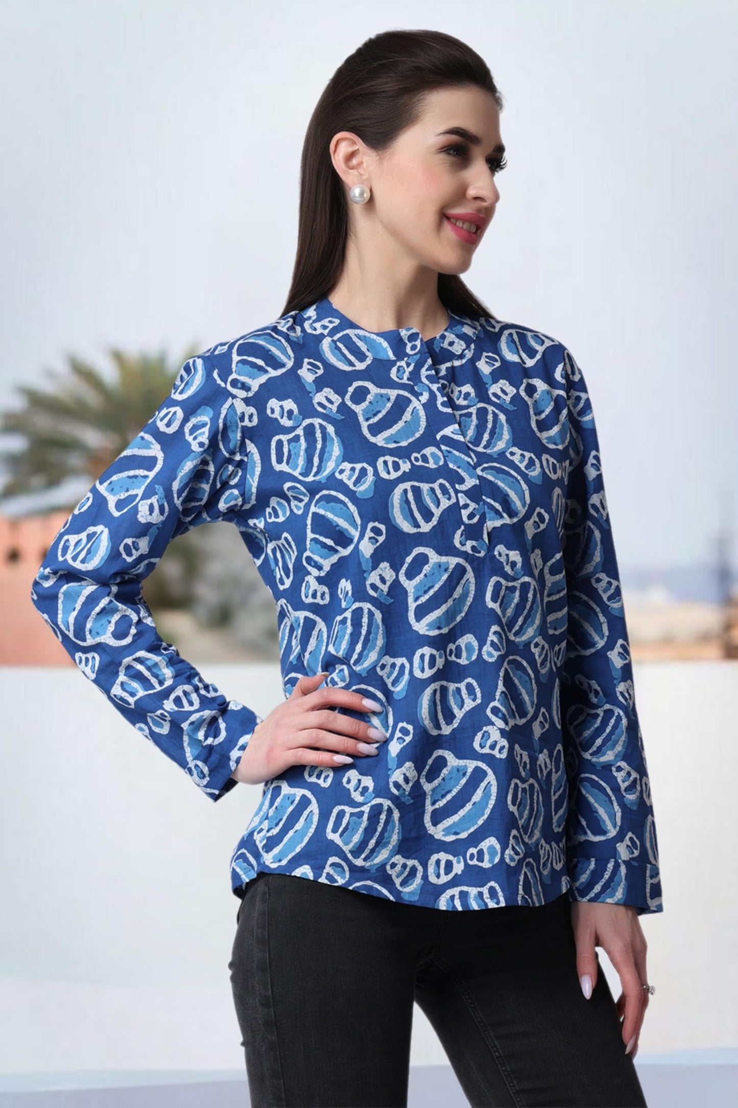 Popwings Casual Pure Cotton Bagru Ethnic Print Women Short Kurta Indigo Blue