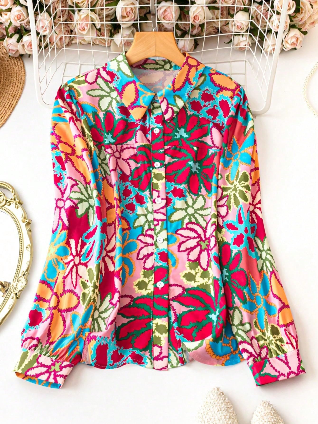 Shasmi Girls & Womens Solid White Colorful Casual Fit Lapel Cardigan Shirt Colorful Flower Printed Long Sleeve Shawl Collared