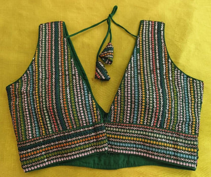 Vihu Fashion Womens Sleeveless Readymade sabyasachi Pattern V Neck Blouse Embroidery Work with Sequence Blouse Indian Ethnic we