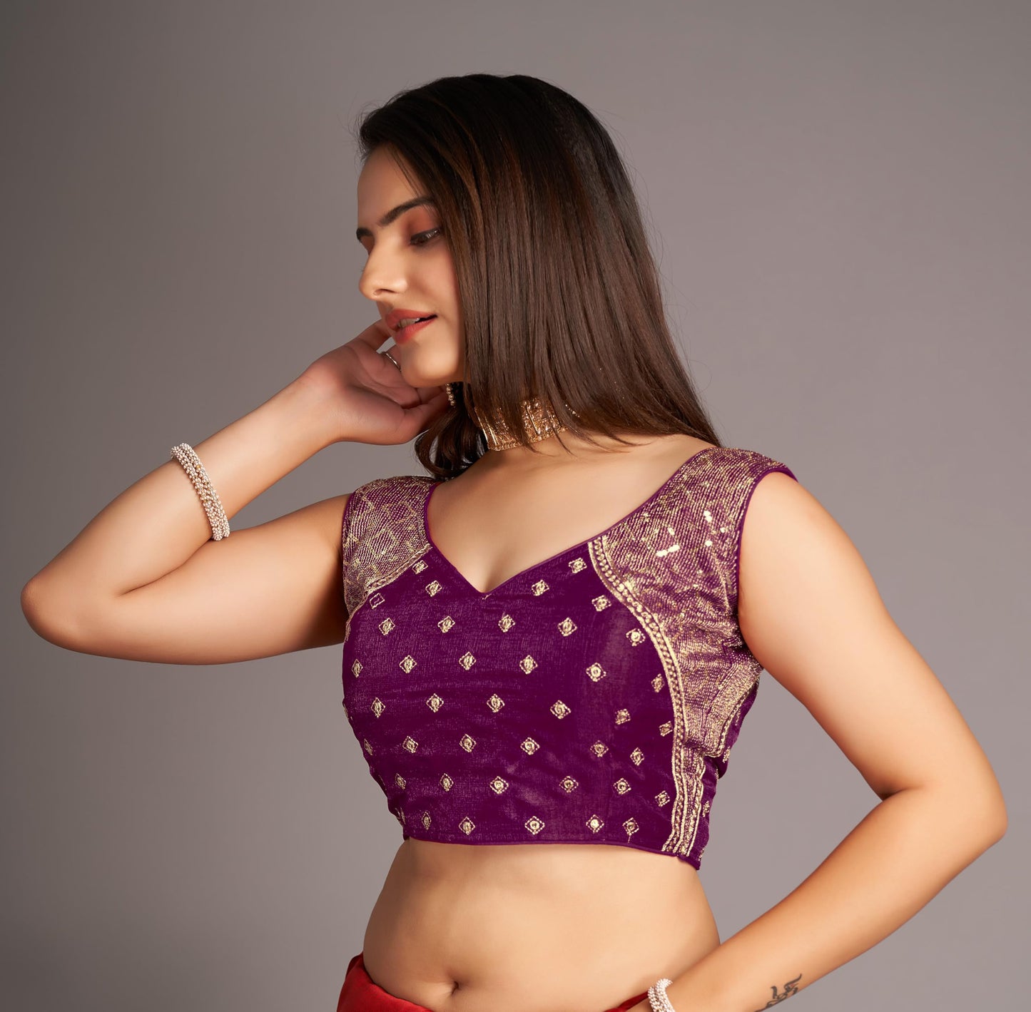 Pujia Mills WomenS Sequin Embroidered V Neck Sleeveless Wine Readymade Saree Blouse Indian Ethnic Stitched Padded Blouses For W
