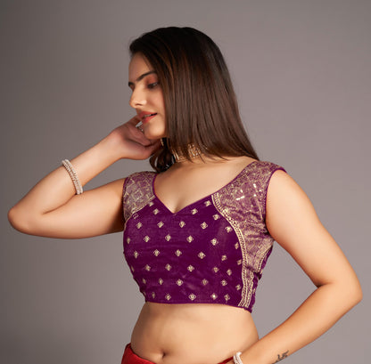 Pujia Mills WomenS Sequin Embroidered V Neck Sleeveless Wine Readymade Saree Blouse Indian Ethnic Stitched Padded Blouses For W