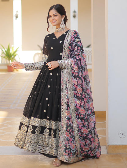 Fashion Basket Gergette Embroidered Long Anarkali Black