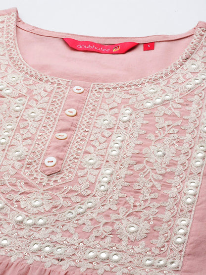 anubhutee Women's Pure Cotton Ethnic Motifs Pink Embroidered Straight Kurta