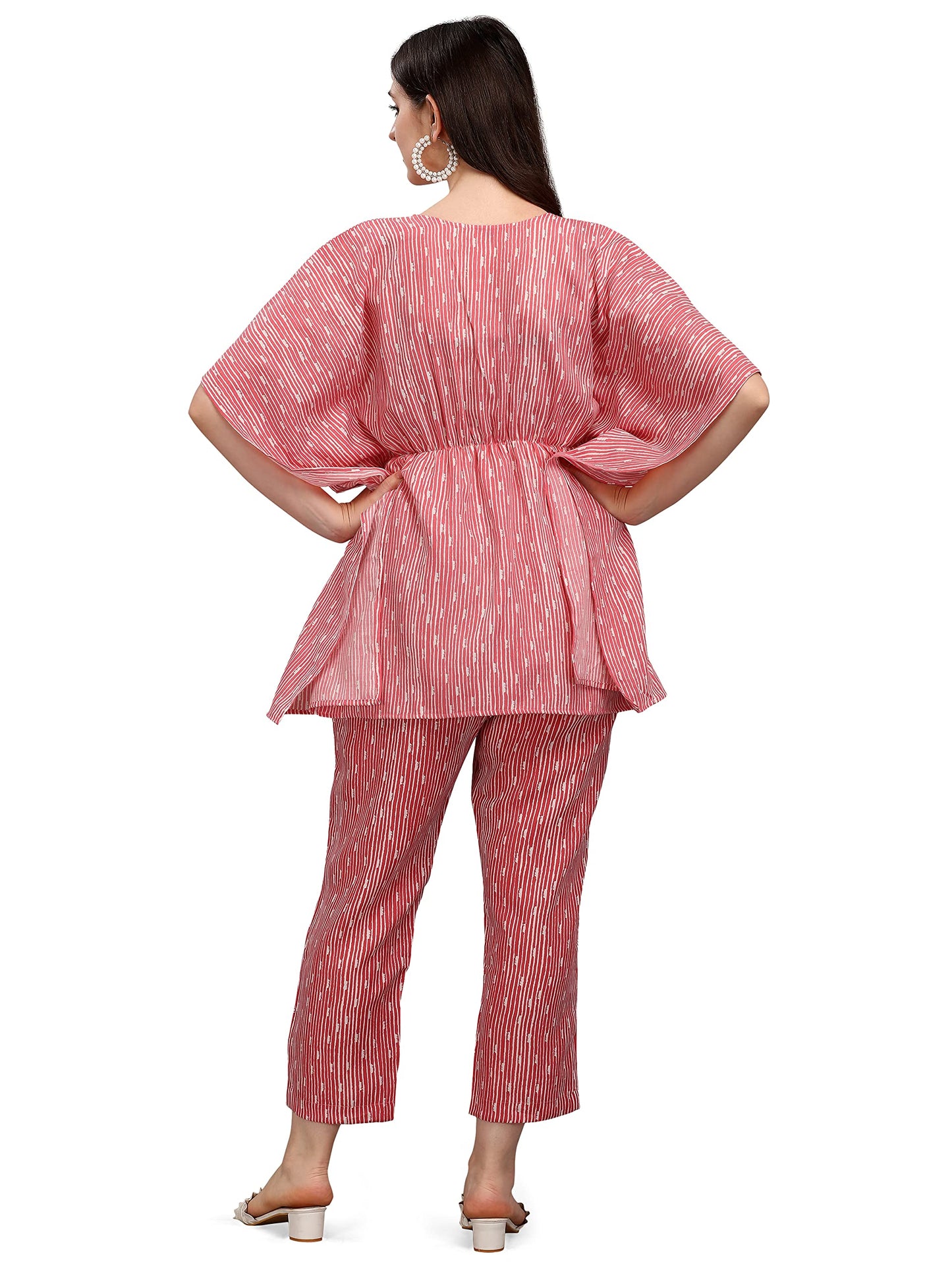 NAINVISH Womens Cotton Blend Straight V-Neck Printed Kaftan Top with Pant (SD228_KB-M_Pink)