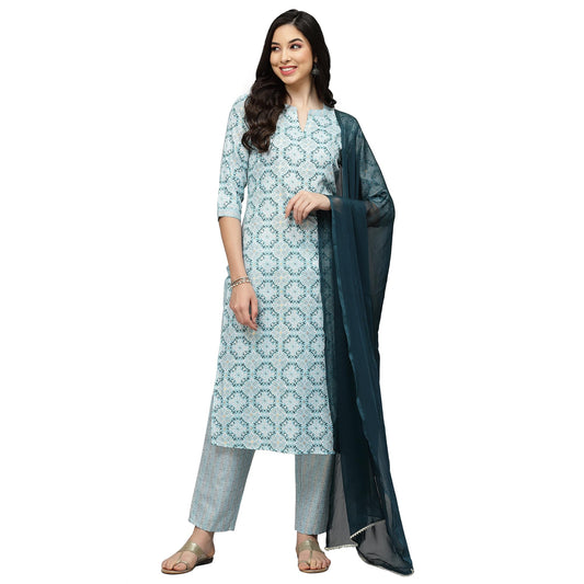 Stylum Women's Printed Cotton Blend Kurta Pant With Dupatta