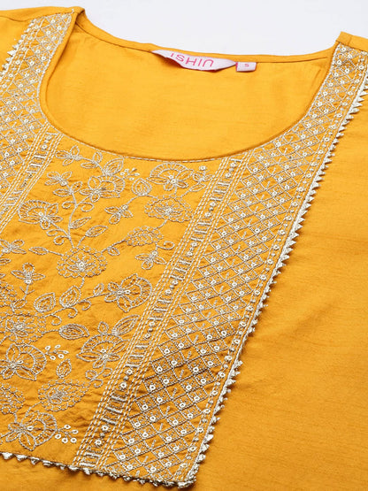 ishin Women's Mustard Floral Zari Work Silk Straight Kurta Suit Set with Trousers & Dupatta