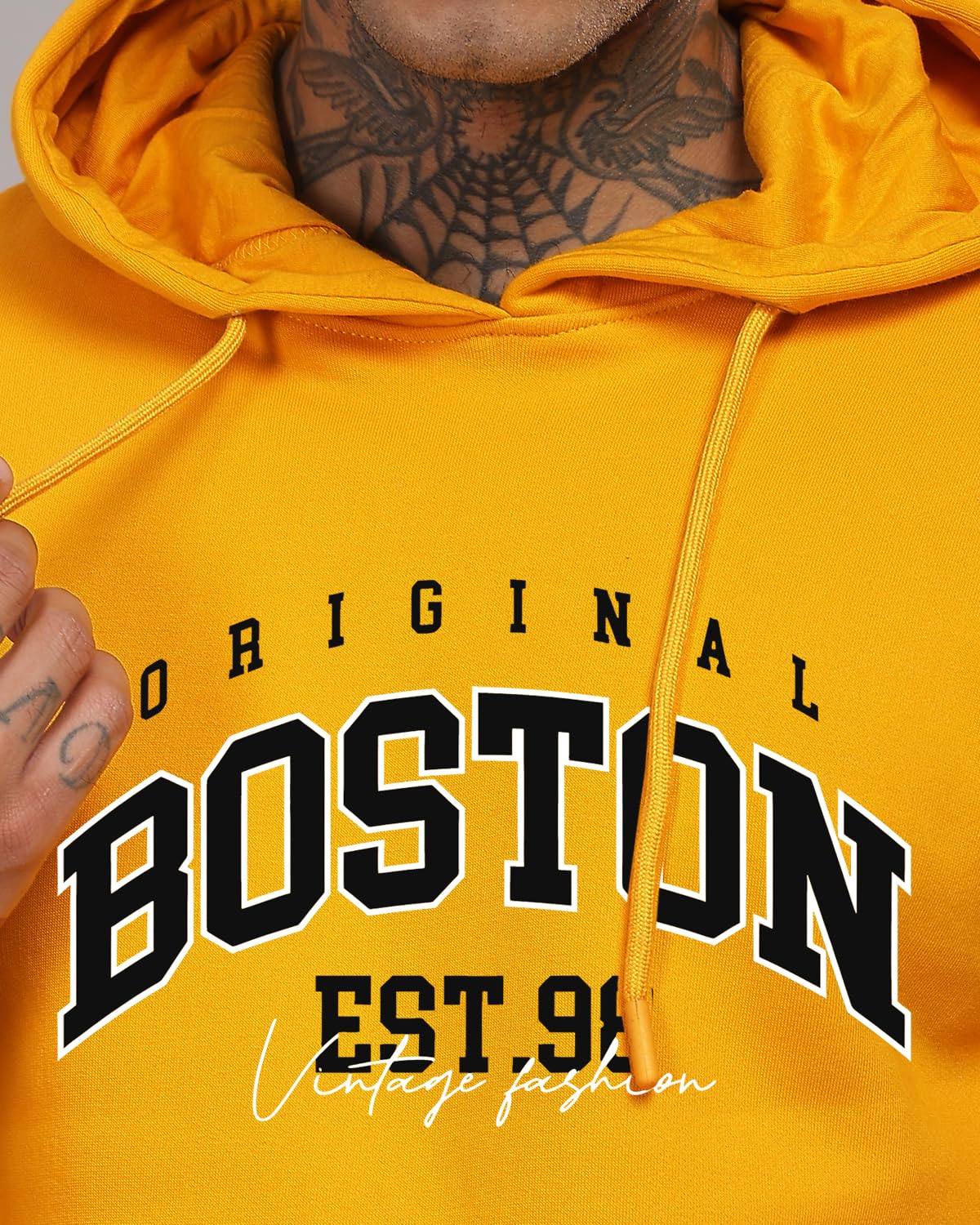 ADRO Men's Cotton Neck Hooded Sweatshirt (H24-BOST-MU_Mustard