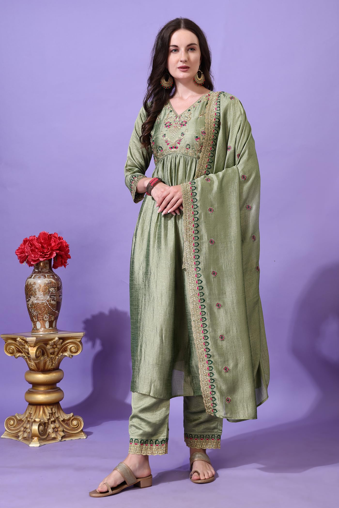 Pratham Blue WomenS Silk Embroidered Anarkali Kurta Palazzos With Dupatta |Kurta Set For Women |WomenS Kurta |Women Embroidere