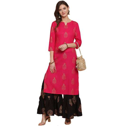 ANNI DESIGNER Women's Rayon Straight Printed Kurta with Sharara