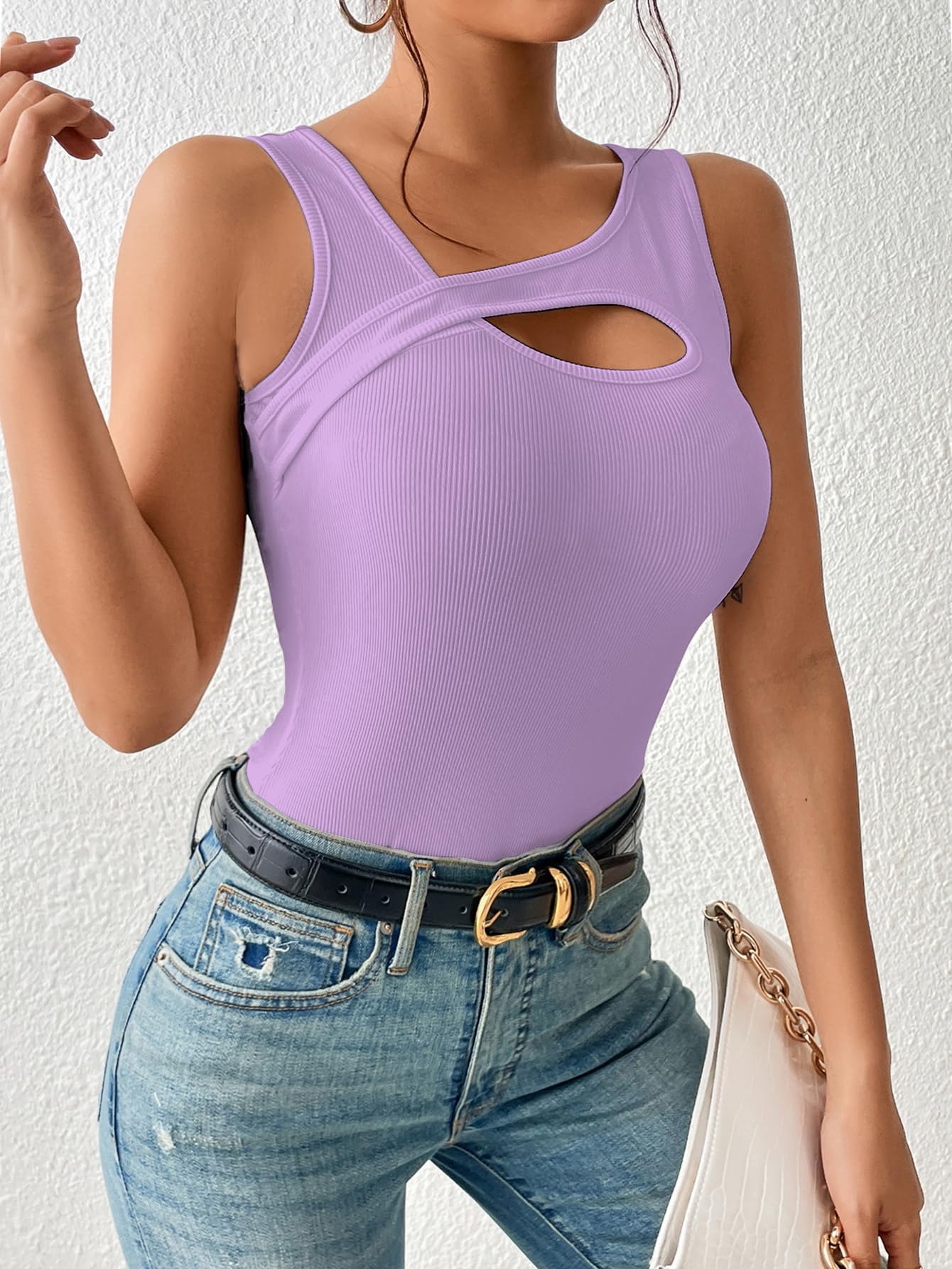 Sugathari Womens Purple Cut Out Asymmetrical Neck Rib Knit Jeans Korean Trendy Tank Western Tops for Women Stylish (T-Shirt 182