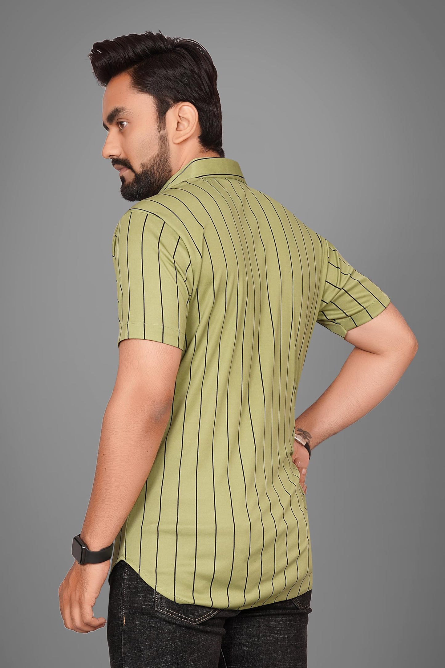 Besix MenS Green Lycra Blend Striped Regular Fit Casual Shirt For Man - Short Sleeve, Spread Collar For Formal Stylish Wear As