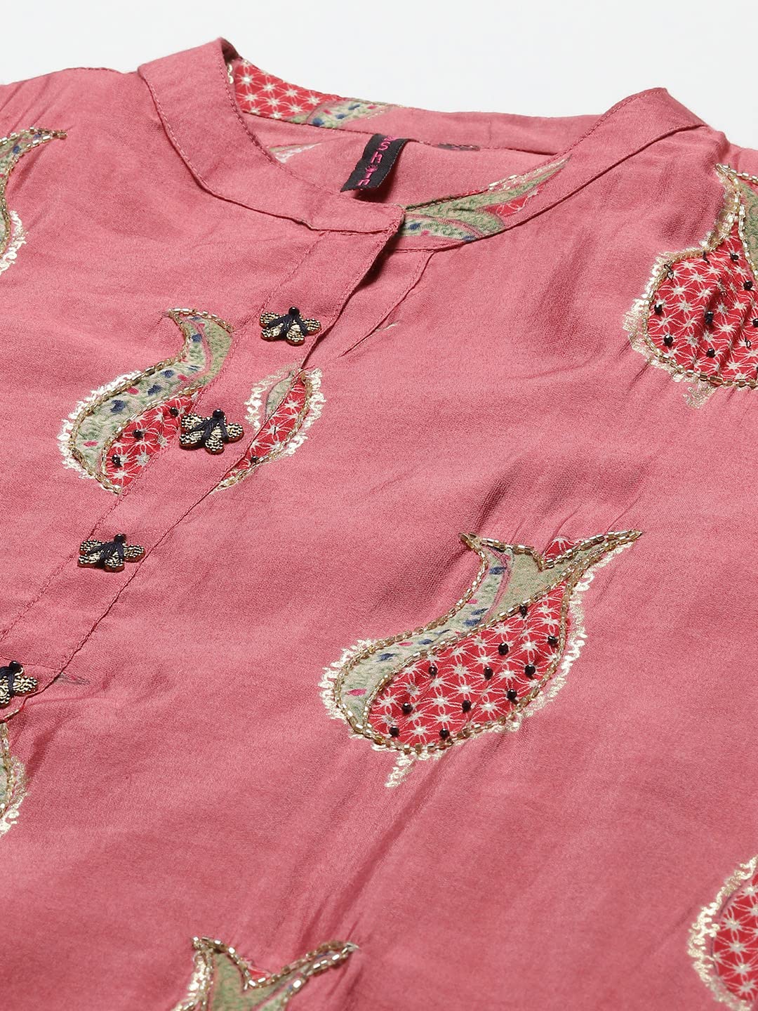 ishin Women's Art Silk Embroidered Beads and Stones Rose Floral Print A-Line Kurta suit set With Dupatta & Palazzo