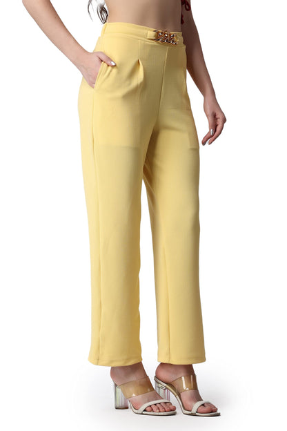 POPWINGS Solid Full-Length Pull-On Polyester Regular-Fit Formal Work Trousers for Women Lime Yellow