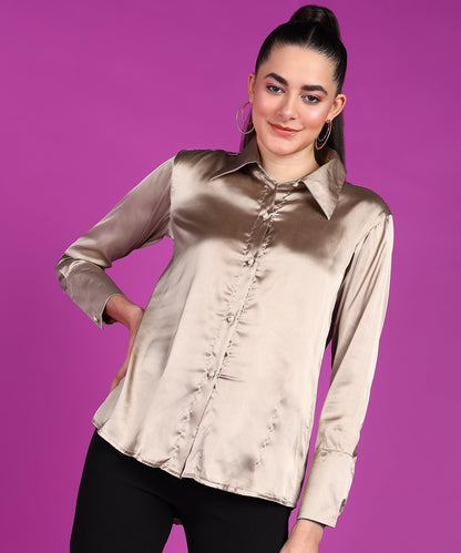 POPWINGS Women Polyester Solid Satin Shirt | Satin Shirts Stylish Western| Regular Fit and Full-Sleeves Casual and Semi-Formal S