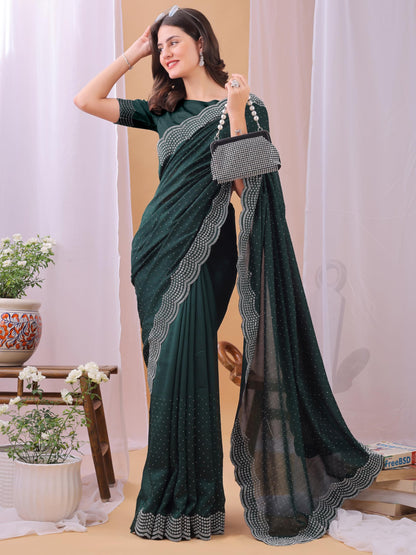 Dhyey Fashion WomenS Chiffon Saree With Unstitched Blouse Piece With Stone Work And Sparkle | Sari For Women Chiffon Saree | Sp