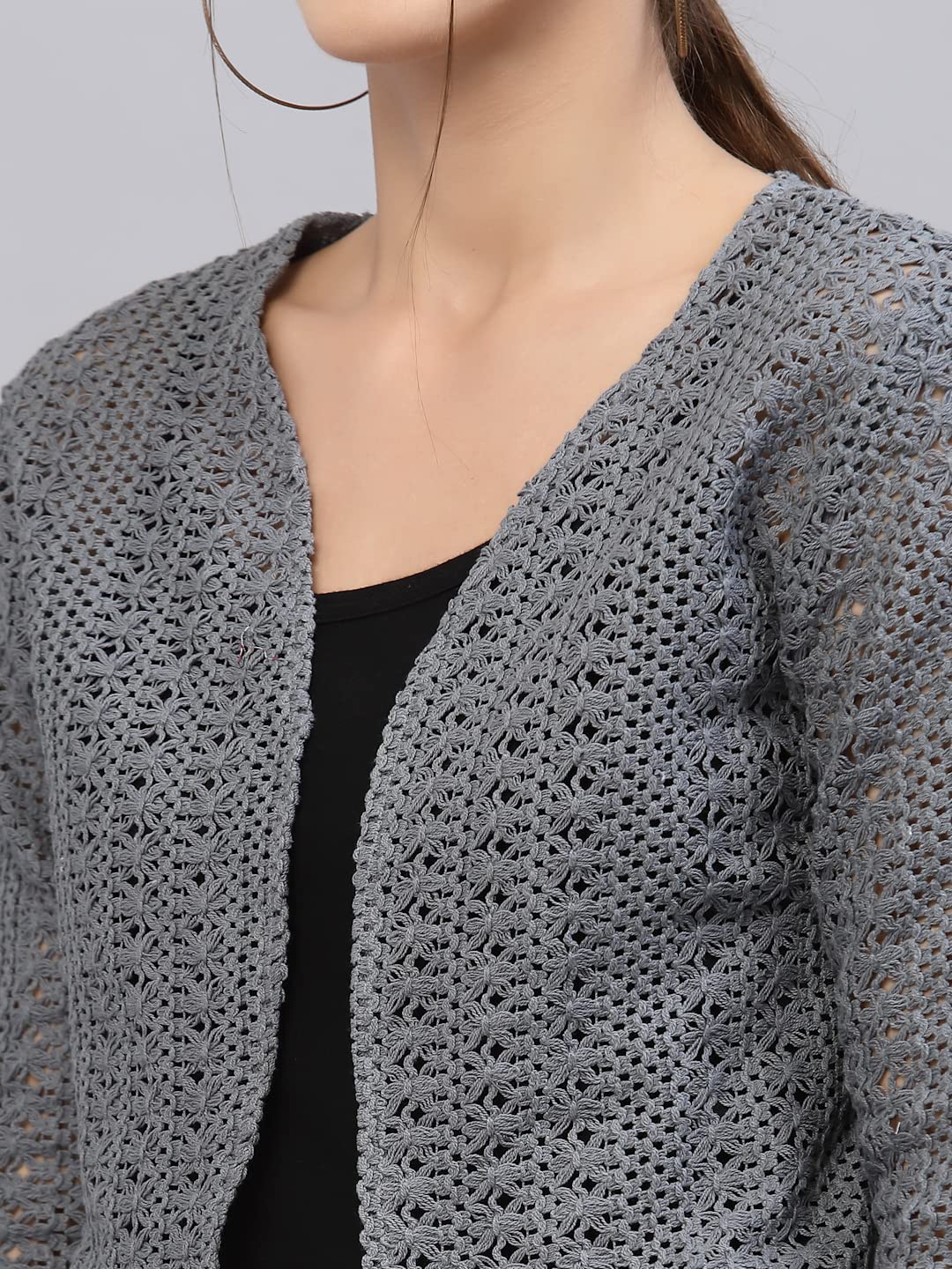 Style Quotient Women Grey Cotton self Design lace Crop Open Front Shrug