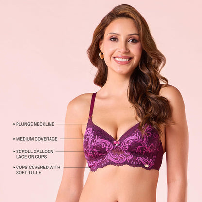 Enamor Womens Nylon Blend Wire Free Casual Plunge Bra (F193_Plum Swill