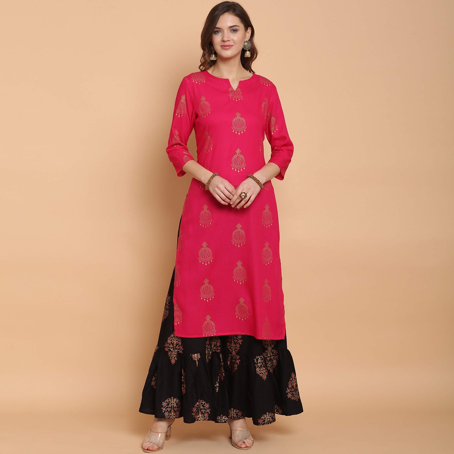 ANNI DESIGNER Women's Rayon Straight Printed Kurta with Sharara