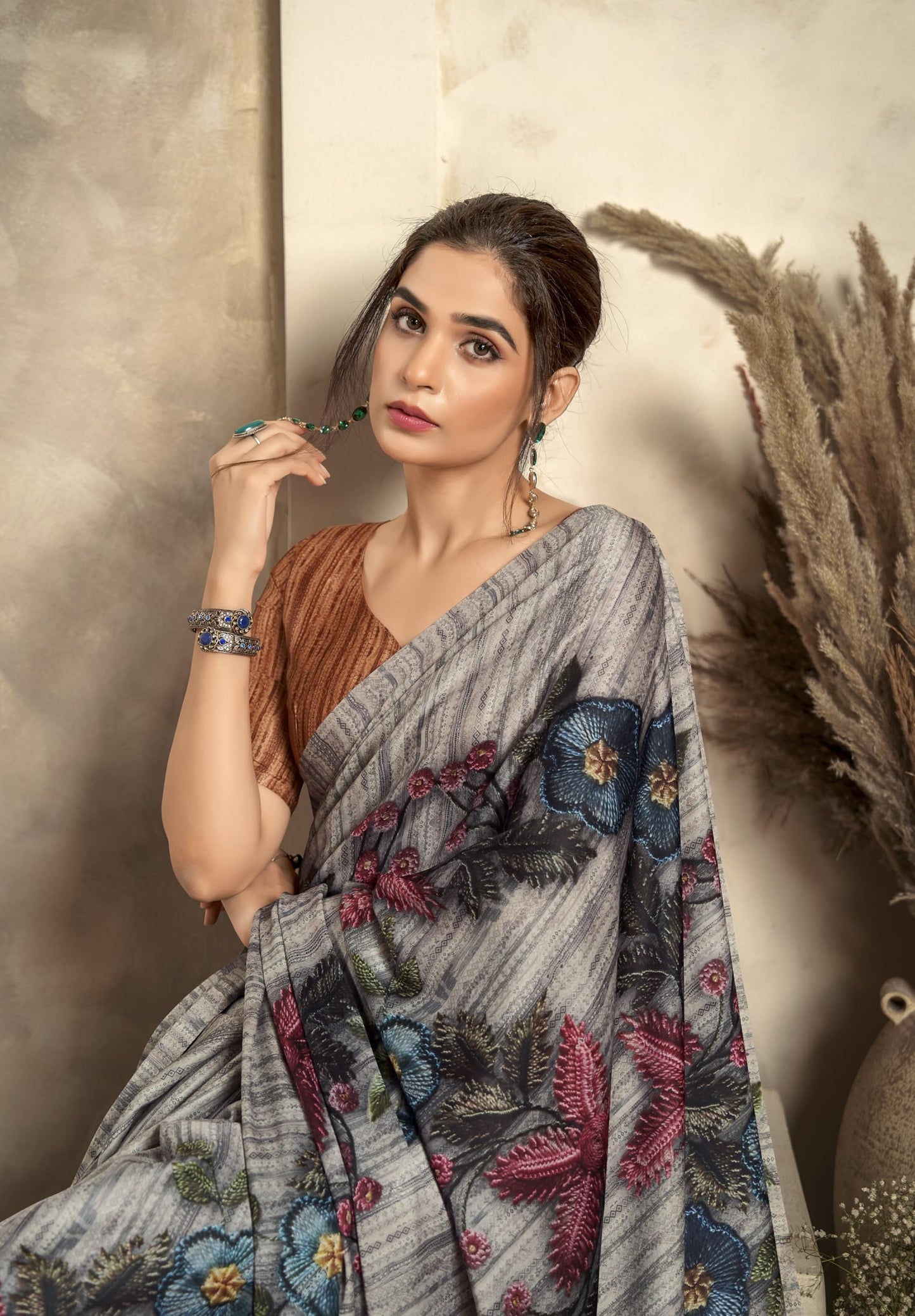 Pujia Mills Woman Digital Print Satin Silk Sadi Indian Ethnic Wear Printed Saree With Unstitch Blouse Regular Print Sadi Simple