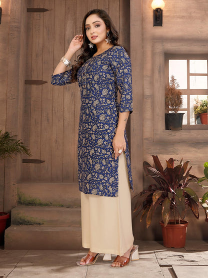 Rangita Blue Rayon Straight Printed Knee Length Kurti | Kurta For Women_M