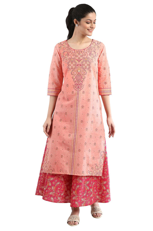 Aurelia Womens Peach Floral Printed Printed Cotton Regular Kurta