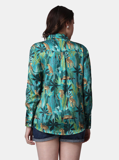 POPWINGS Printed Full-Sleeves Regular-Fit Satin Printed Shirt for Women Stylish Western Casual Wear Green