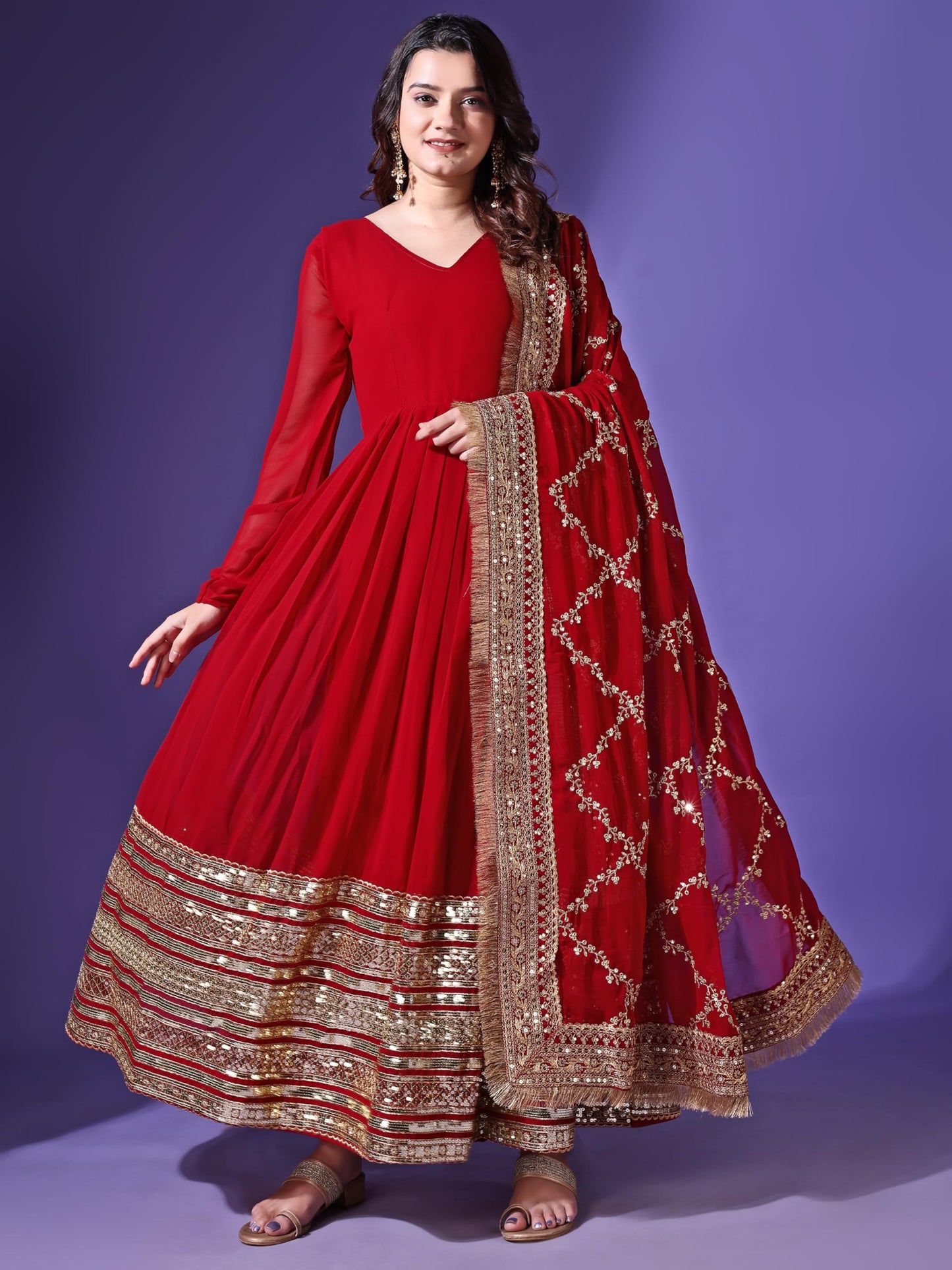 Fashion Basket Georgette Maroon Anarkali Gown For Women