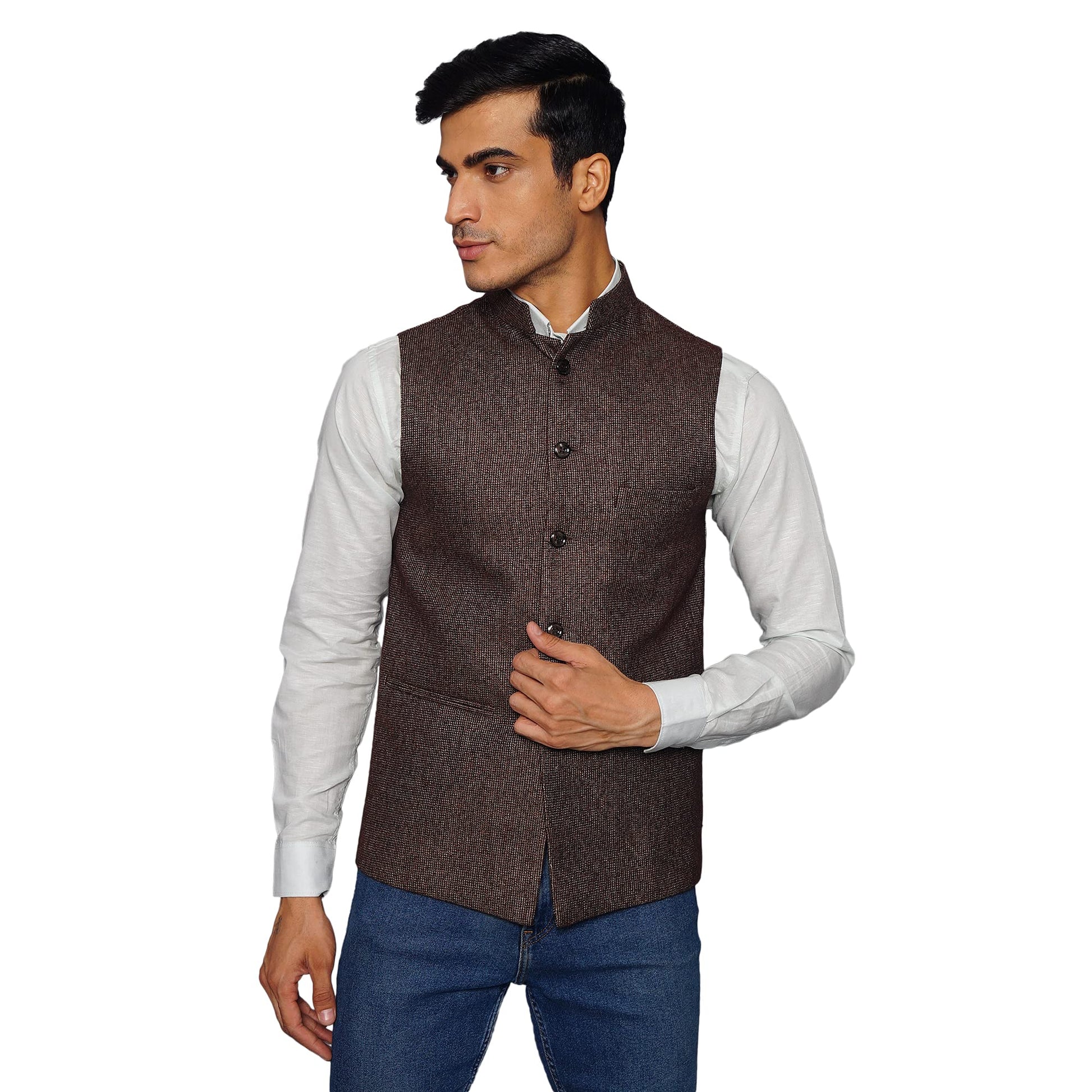 WINTAGE Mens Tweed Bandhgala Festive Nehru Jacket Waistcoat Brown