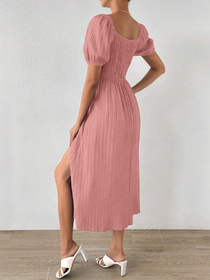 Shasmi Womens & Girls Peach Tie Front Split Thigh Milkmaid Maxi Dress  Square Neck Puff Sleeve A-Line Long Dress, Elegant Casu