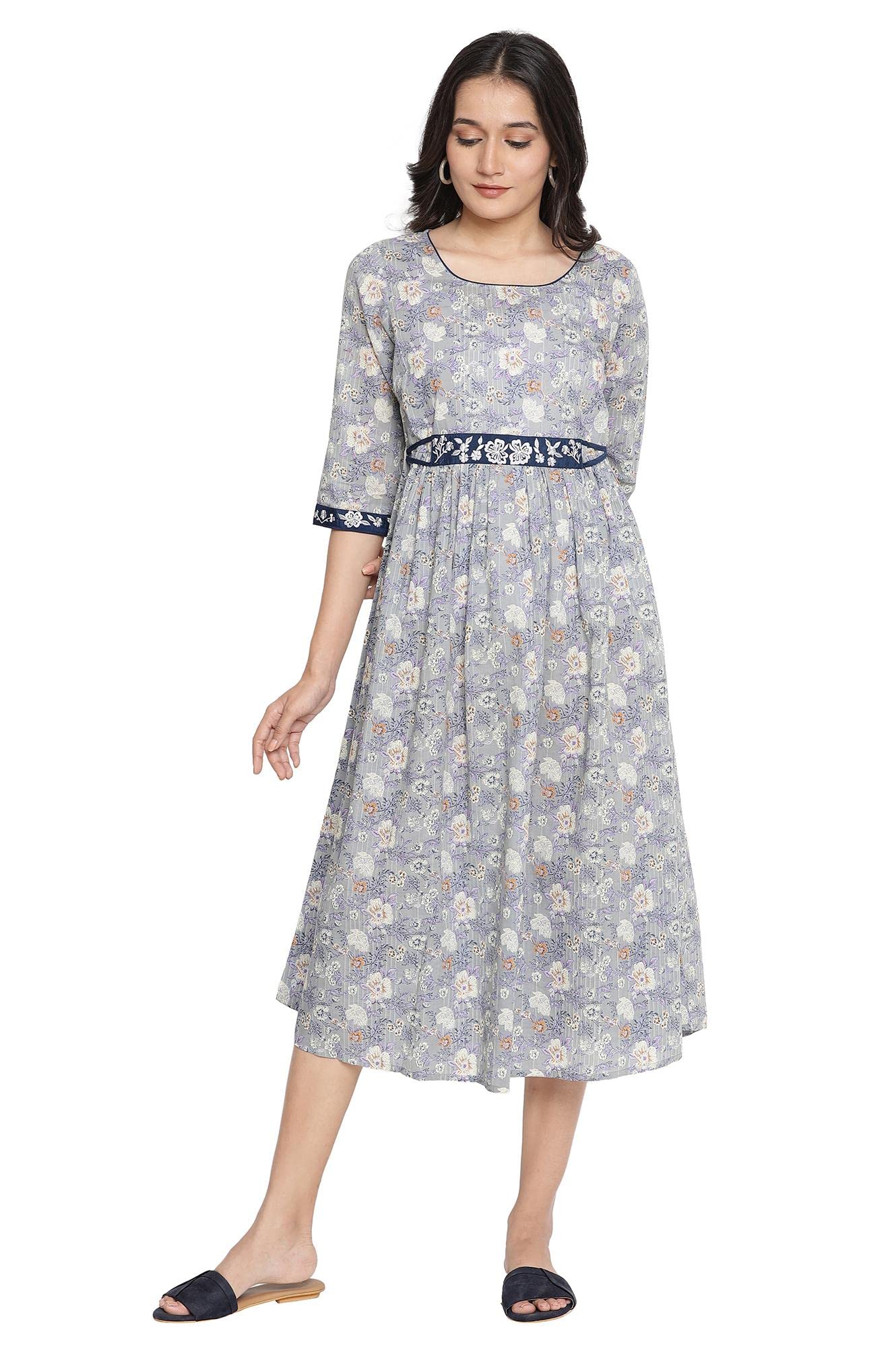 Aurelia Women'S Stonewash Grey Cotton Gathered Dress