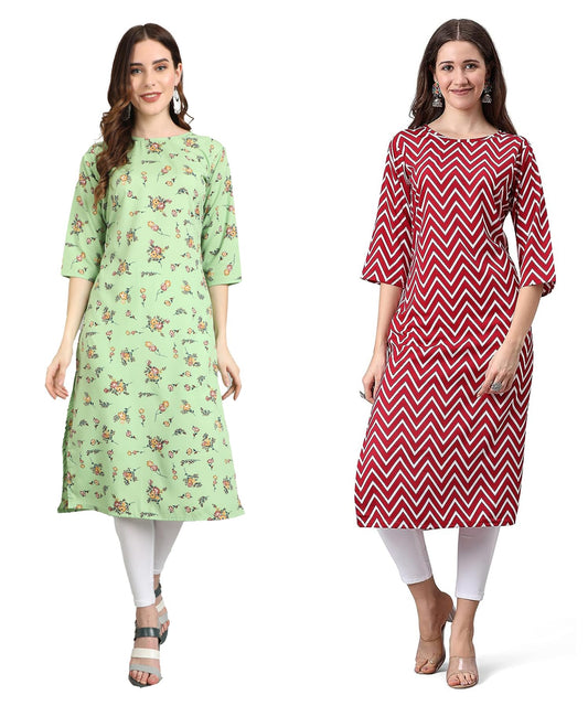 LookMark Women's Crepe Pista & Red Color 3/4 Sleeve Straight Printed Kurta | Kurti Combo Pack of 2 (AZ-K1055-K1019-M)
