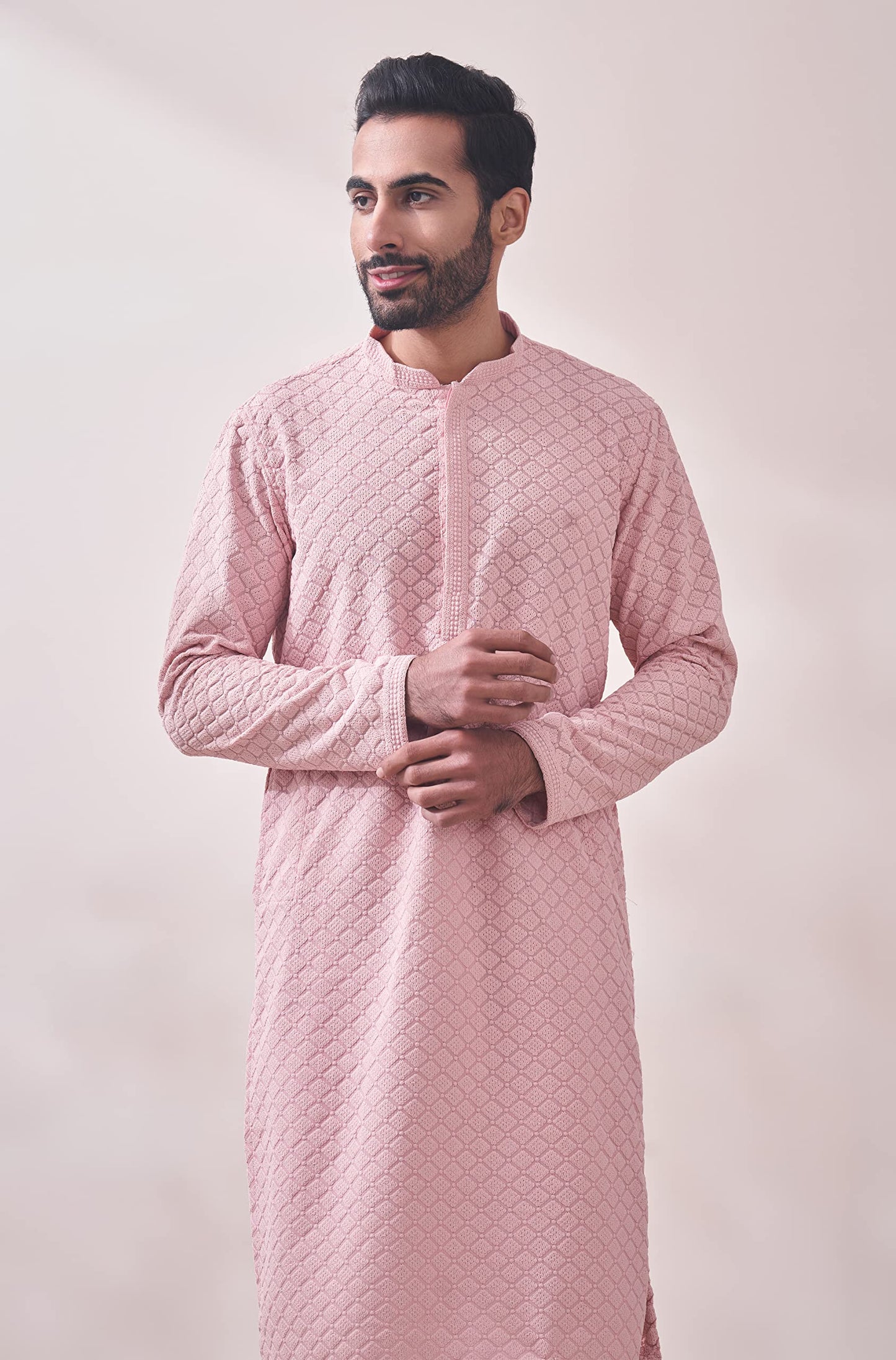 Manyavar Pink Blended Cotton Full Sleeve Kurta Set | Traditional Kurta Set For Men (XL)